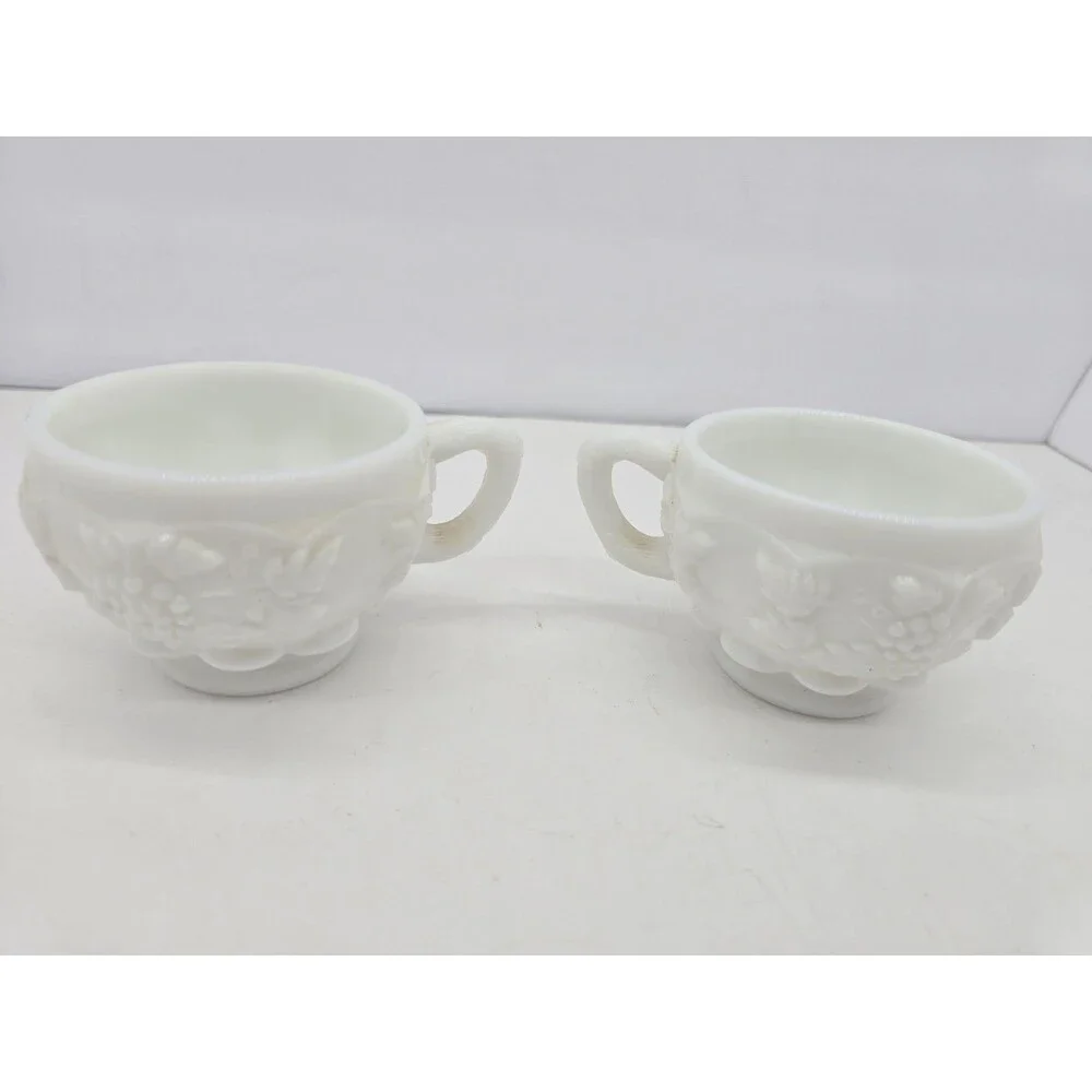 Vintage Westmoreland Paneled Grape Milk Glass Punch Bowl Cups  Set of 2